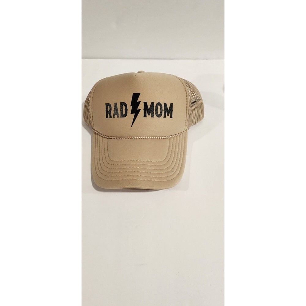 Rad Mom” Trucker Hat – Tan Mesh Back Snapback with Lightning Bolt